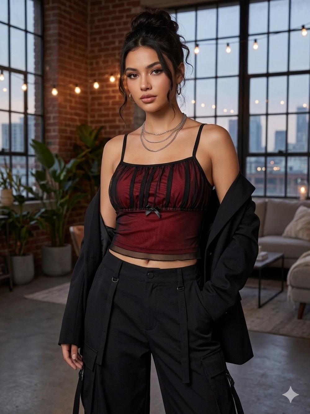 SHEIN MOD Burgundy Black Mesh Overlay Bow Ruched Crop Cami Top Y2K Whimsigoth